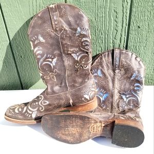 RODEO ROPER FANCY SILVER INLAY COWGIRL BOOTS - SQUARE TOE SIZE US 11 Distressed